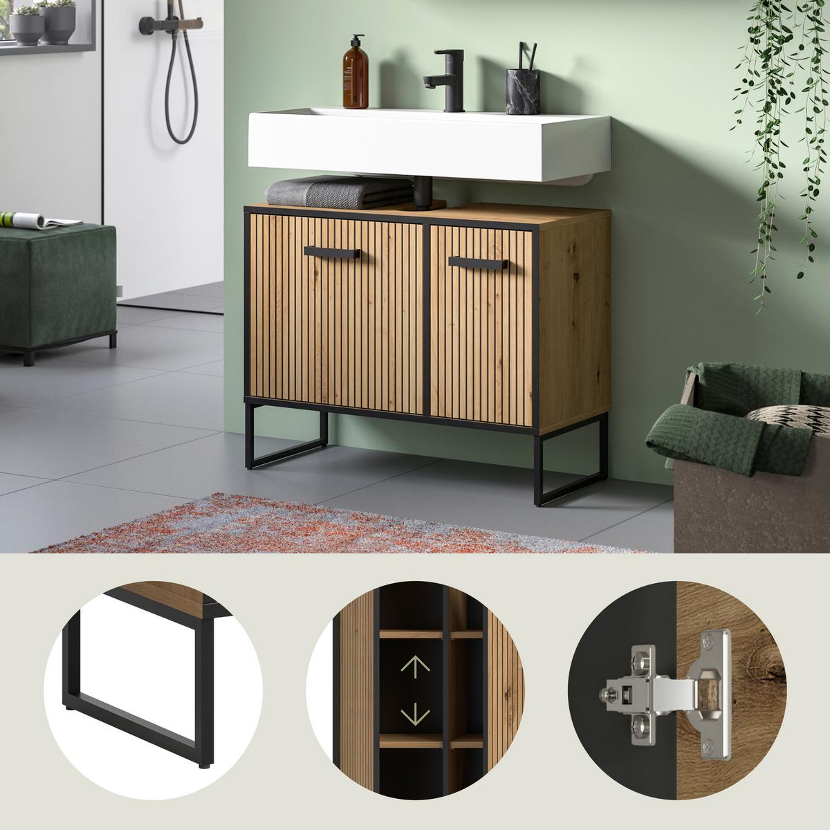 Waschbeckenunterschrank Bagno Schwarz/Eiche Dekor B: 80cm - Schwarz/Eiche Artisan, Trend, Holzwerkstoff (80/63/36cm) - MID.YOU