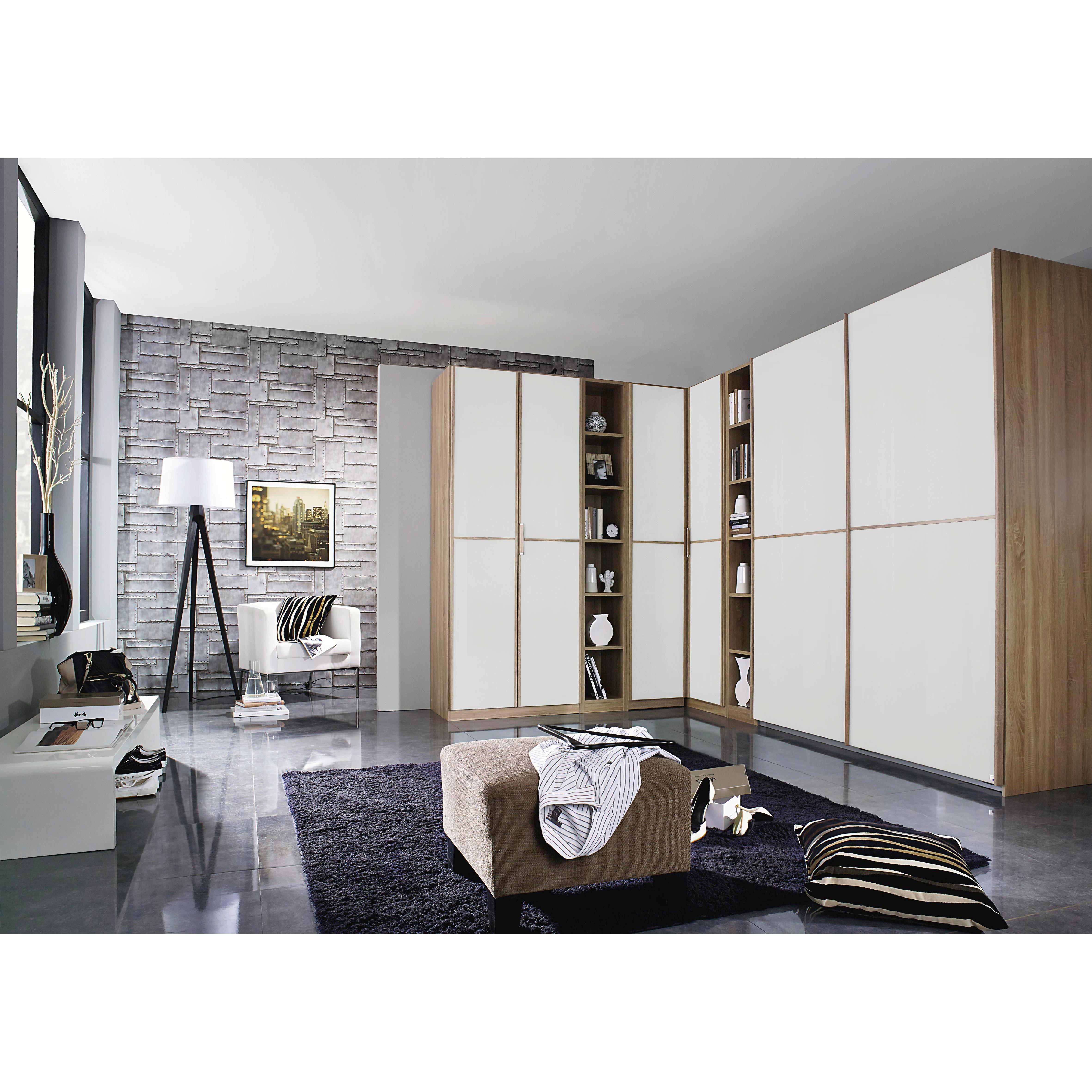 Großer Eck-Kleiderschrank mit weißer Glasfront