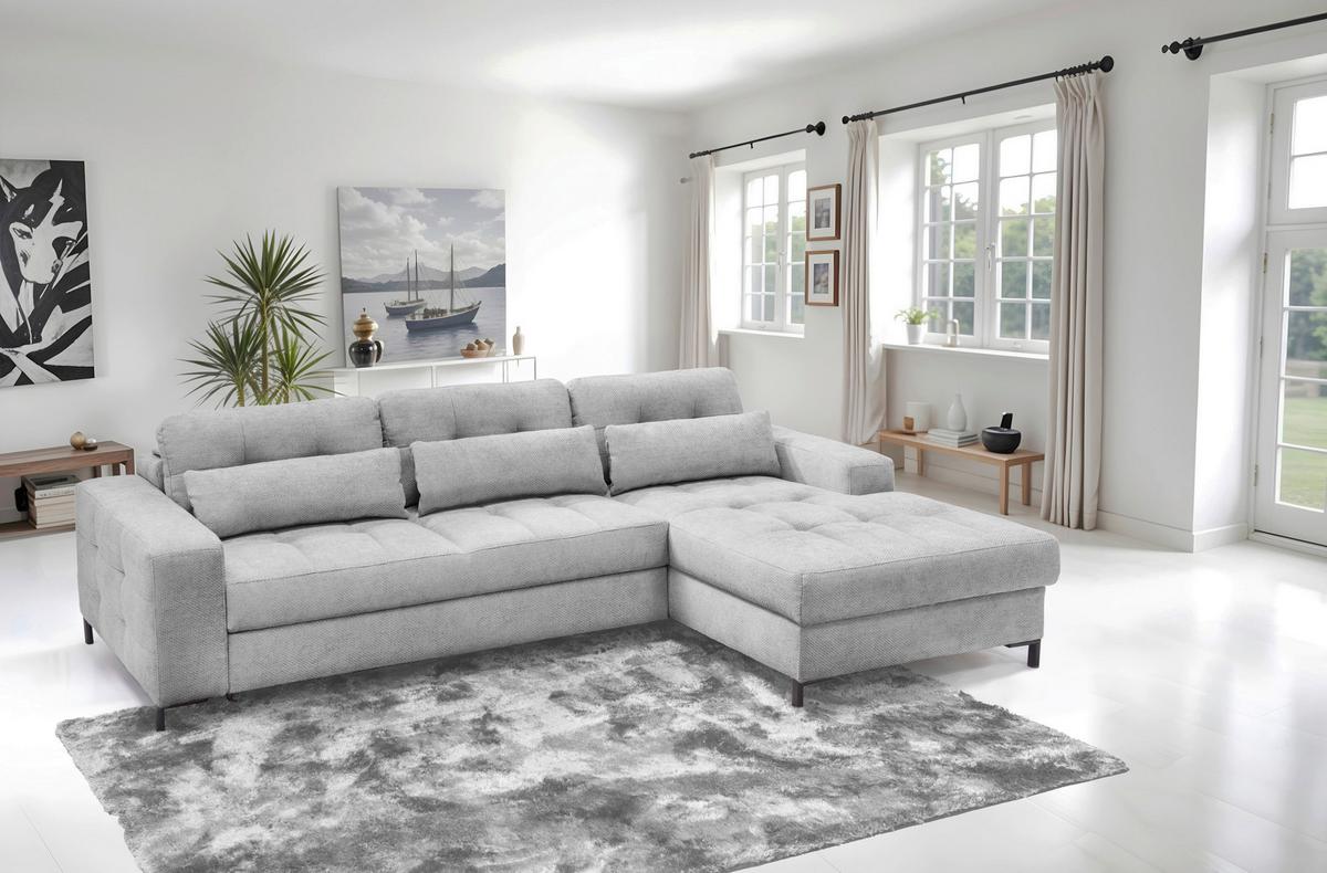 Ecksofa Bonito, Hellgrau Schenkel: 255x176 cm - Hellgrau/Schwarz, Design, Textil (260/176cm) - Livetastic