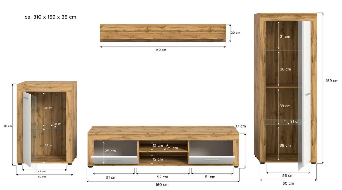 Wohnwand Jam Eiche Wotan Dekor B: 310cm - Eiche Wotan/Schwarz, Design, Glas/Holzwerkstoff (310/169/35cm) - MID.YOU
