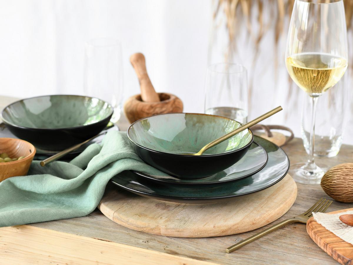Tafelservice Jawa Grün, Schwarz 18-teilig - Schwarz/Grün, Basics, Keramik - Creatable