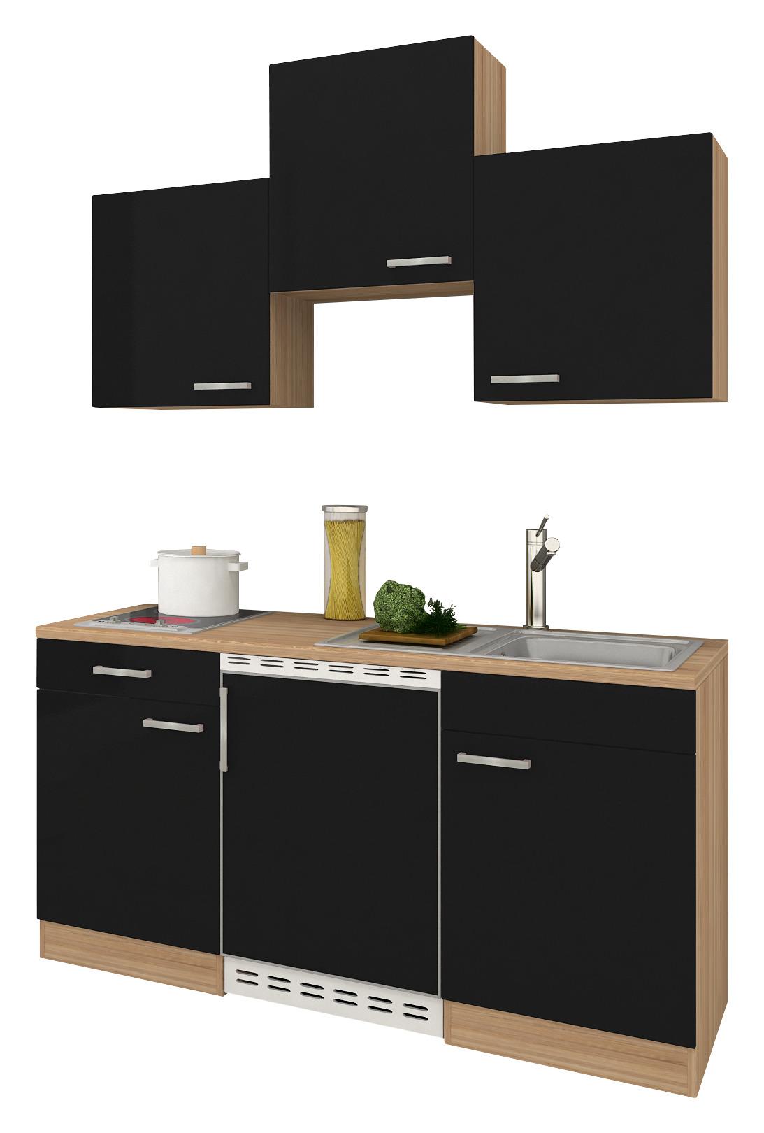 Miniküche mit Kühlschrank + Kochfeld 150 cm Schwarz/Eiche - Eichefarben/Schwarz, Basics, Holzwerkstoff (150cm) - Respekta