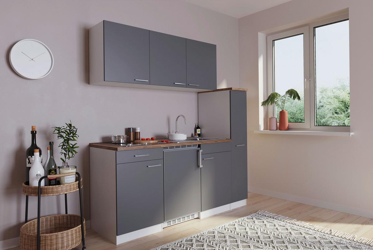 Miniküche Mit Geräten 180 Cm Grau/nussbaum Dekor - Nussbaumfarben/Weiß, Basics, Holzwerkstoff (180/200/60cm) - Respekta