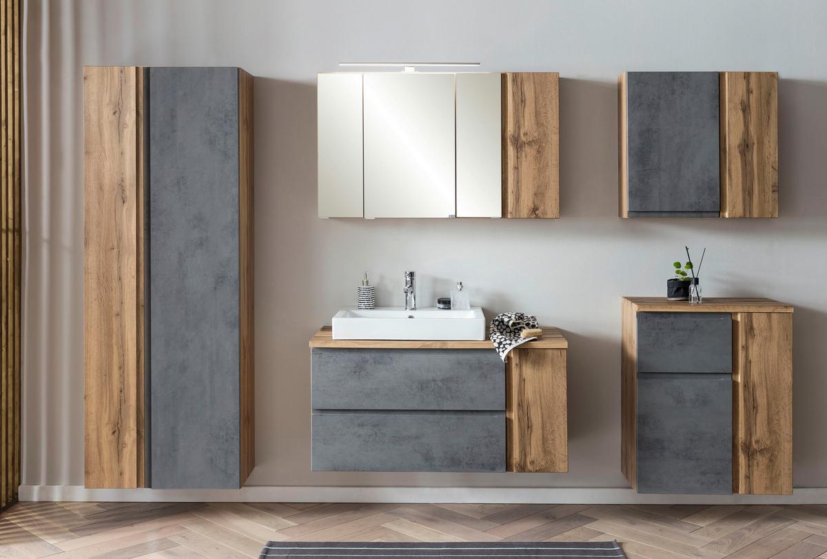 Badezimmer Hochschrank Varese Bxh 65x180cm Grau/ Eiche Dekor - Eiche Wotan/Hellgrau, MODERN, Holzwerkstoff (65/180/35cm) - Held