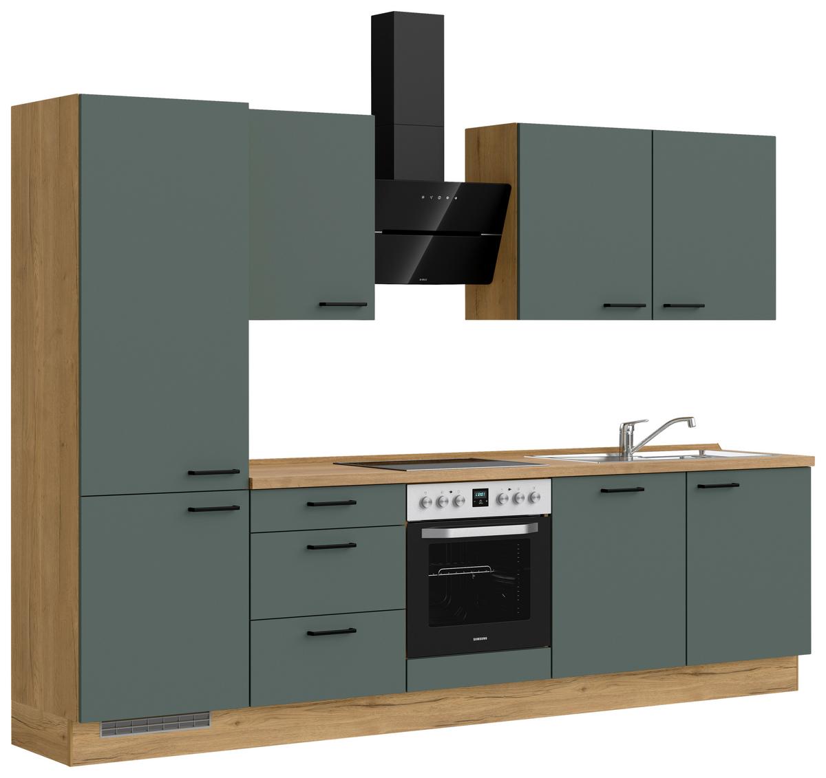Kuchyňská linka 300 cm, minerální zelená,ultra matná - barvy dubu/černá, Moderní, kov/kompozitní dřevo (300cm) - Nobilia