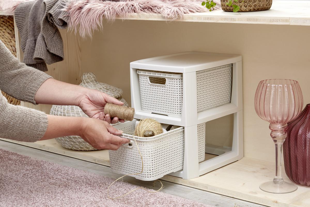 Schubladenbox Rattan Weiß , Anthrazit, 24,1x29,6x33 cm - Anthrazit/Weiß, Basics (24,1/29,6/33cm) - Ondega