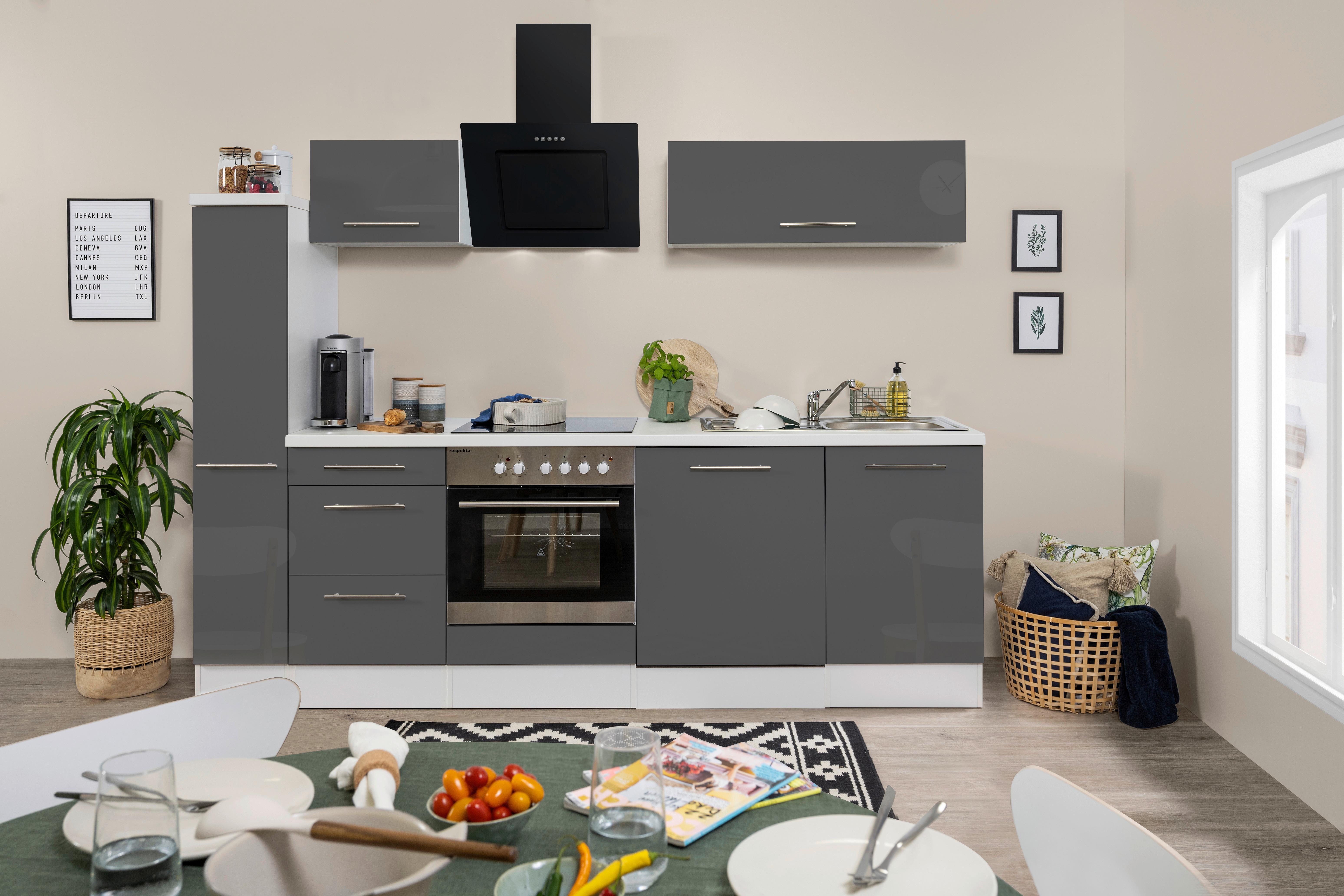Küchenzeile Rp250wgc Mit Geräte 250 Cm Grau/weiß - Schwarz/Weiß, KONVENTIONELL, Holzwerkstoff (250cm) - Respekta