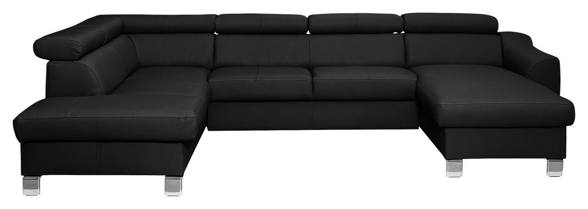 Wohnlandschaft Aspen Schwarz U-Form: 208 cm - Chromfarben/Schwarz, Design, Leder/Textil (208/315/175cm) - Livetastic