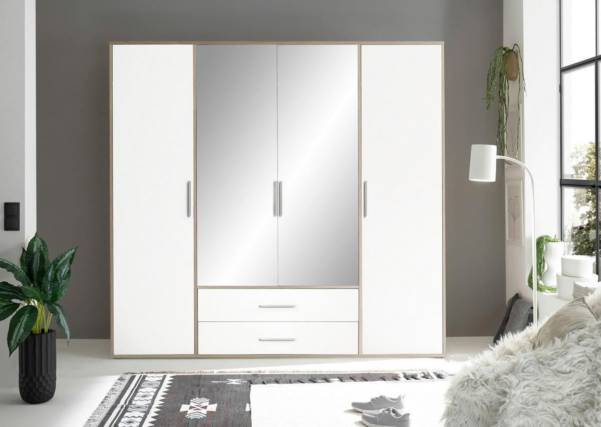 Kleiderschrank M. Spiegel 4trg Lembo San Remo/weiß B: 206 Cm - Alufarben/Weiß, KONVENTIONELL, Glas/Holzwerkstoff (206/195/60cm)