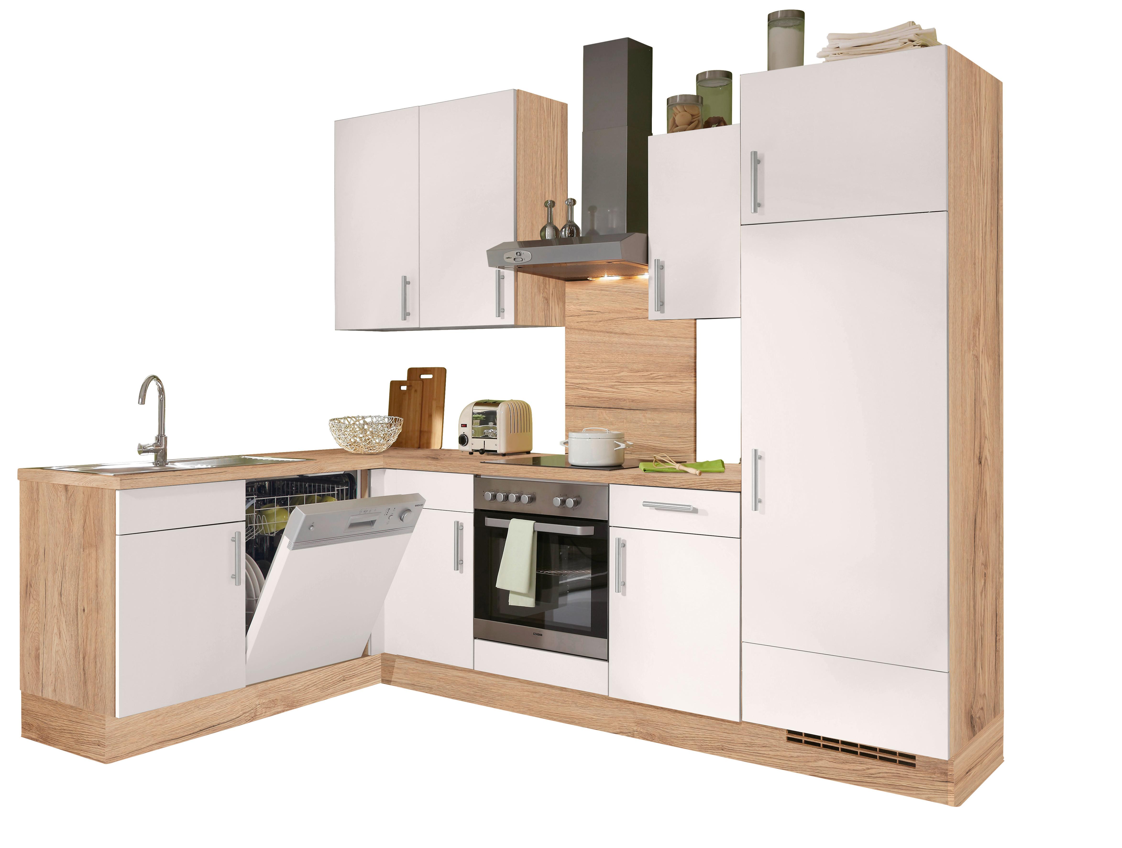 Eckküche Santiago mit Geräten 175x275 cm Weiß/Akazie Dekor