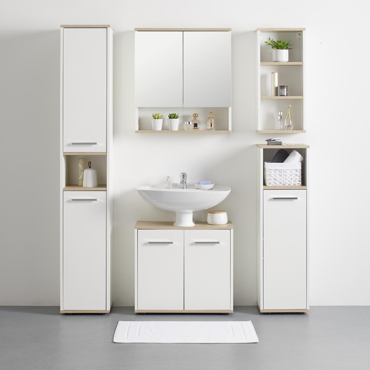 Spiegelschrank Yasmin 2-Türig BHT: 60x65x14 cm, offenes Fach - Eichefarben/Weiß, Basics, Glas/Holzwerkstoff (60/65/13,9cm) - MID.YOU