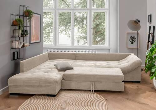 Rohová sedačka ALVITO, levá, béžový manšestr - šedá/černá, Design, dřevo/textil (202/298cm) - MID.YOU