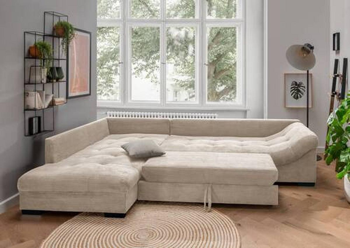 Rohová sedačka ALVITO, levá, béžový manšestr - šedá/černá, Design, dřevo/textil (202/298cm) - MID.YOU