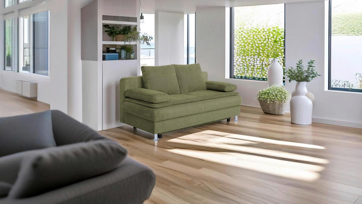 2-Sitzer-Sofa Mit Schlaffunktion Ken Olivgrün - Chromfarben/Schwarz, Design, Holzwerkstoff/Textil (200/92/90cm) - P & B