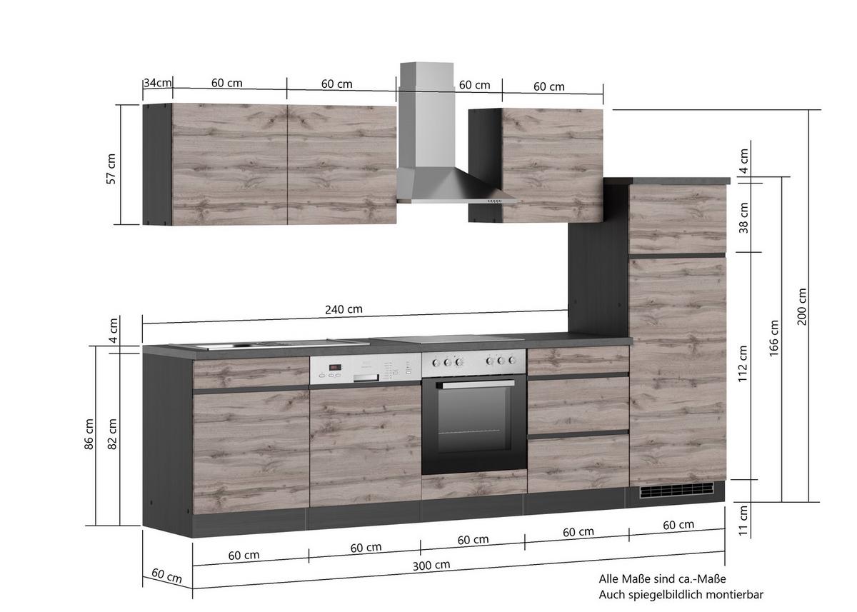 Küchenzeile Turin mit Geräten B: 300cm Grau/Wotaneiche Dekor - Eiche Wotan/Grau, Design, Holzwerkstoff (300cm) - Held