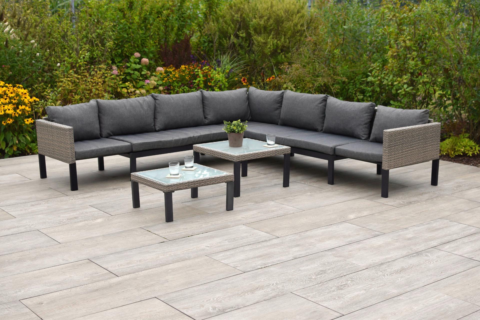 Loungegarnitur 3-tlg Amantea Metall/kunststoff Mit Kissen - Beige, MODERN, Glas/Kunststoff (200/200cm) - Gardenson