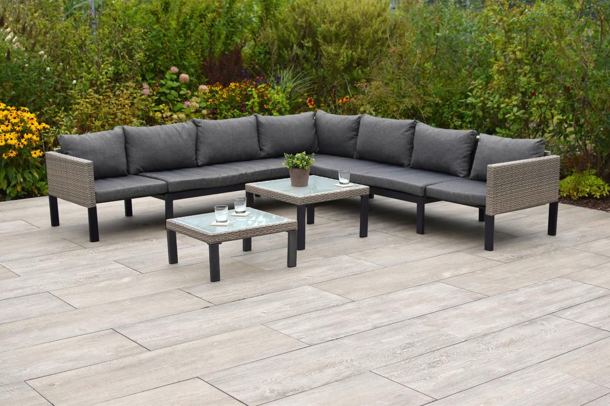 Loungegarnitur 3-Tlg Amantea Metall/Kunststoff mit Kissen - Beige, MODERN, Glas/Kunststoff (200/200cm) - Gardenson