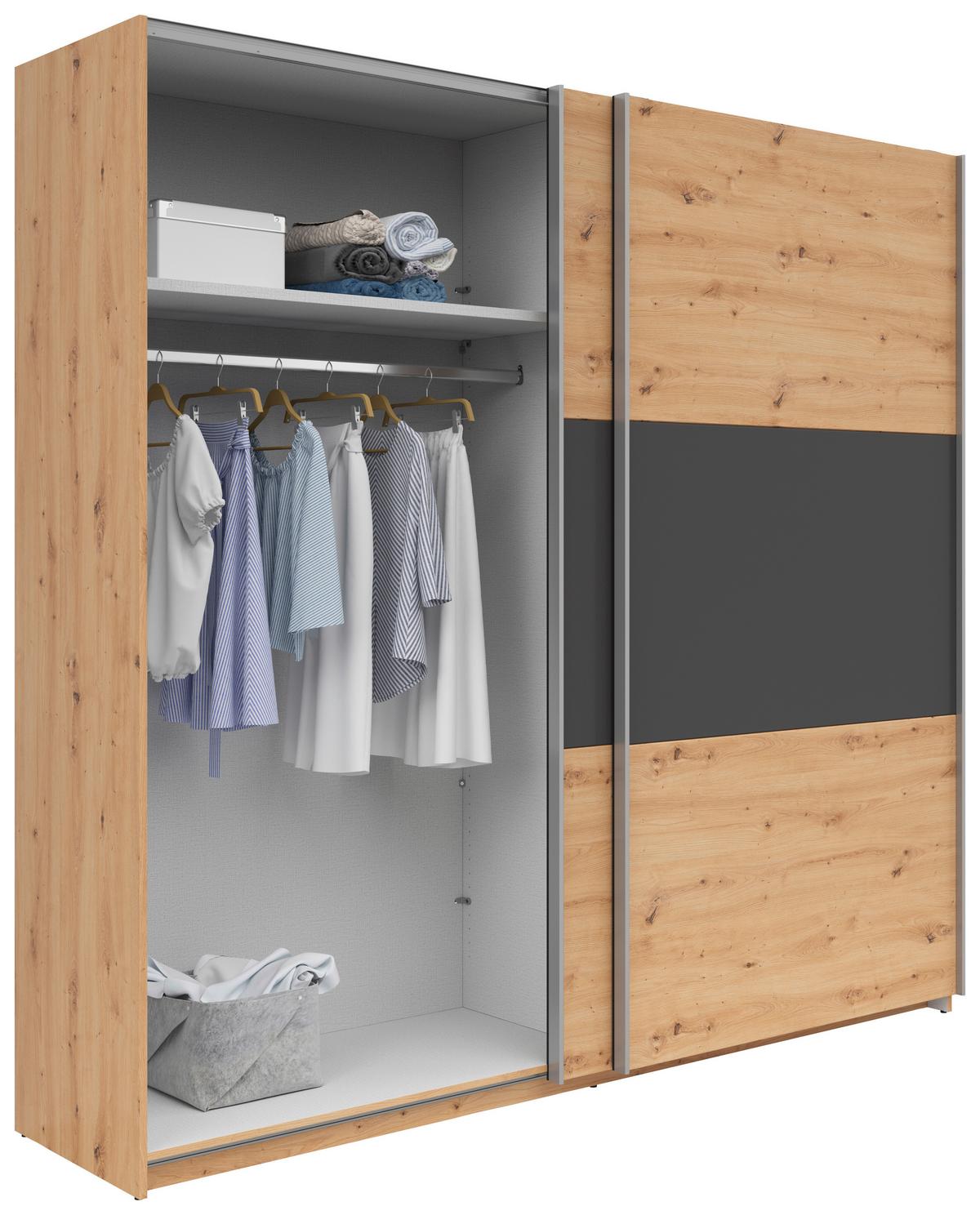 Schwebetürenschrank B: 218 Cm Saturn Graphitf./eiche Dekor - Graphitfarben/Eiche Artisan, KONVENTIONELL, Holzwerkstoff (218/210/59cm)
