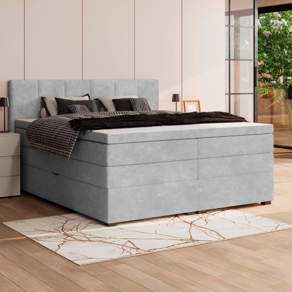 Boxspringbett mit Topper & Bettkasten 200x200 Lauro - Hellgrau/Schwarz, Trend, Textil (200/200cm)