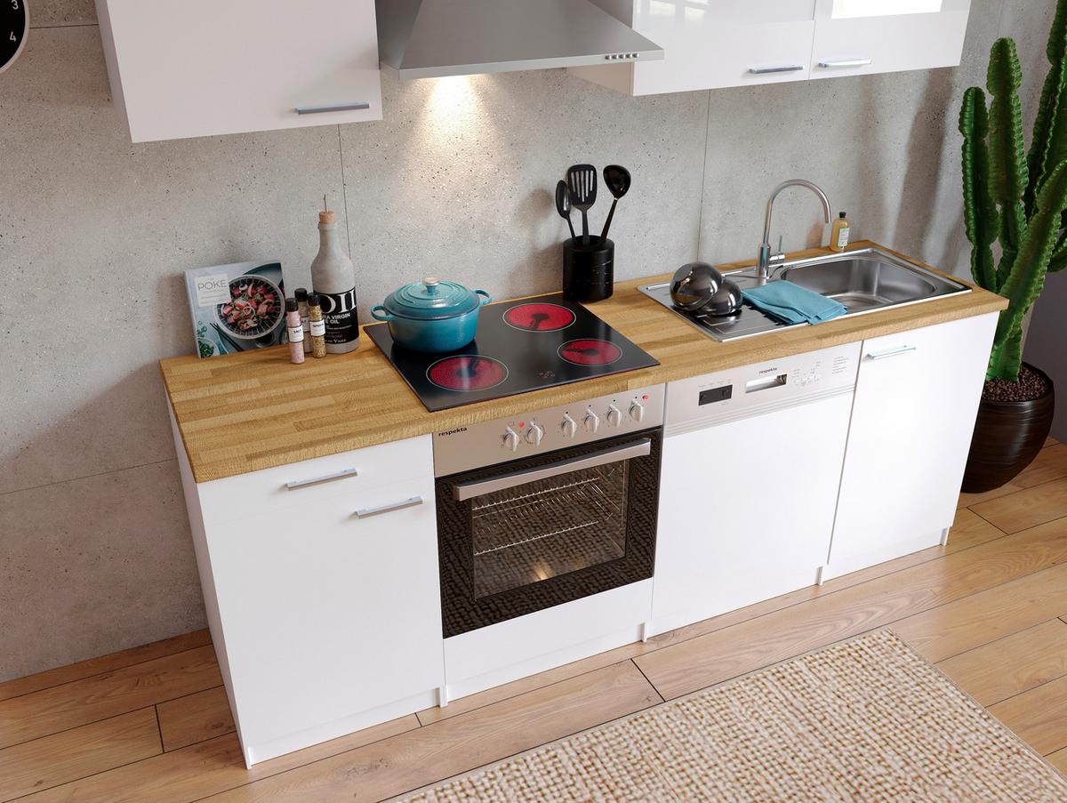 Küchenzeile Economy mit Geräten 220 cm Weiß/Nussbaum Dekor - Nussbaumfarben/Weiß, Basics, Holzwerkstoff (220cm) - Respekta