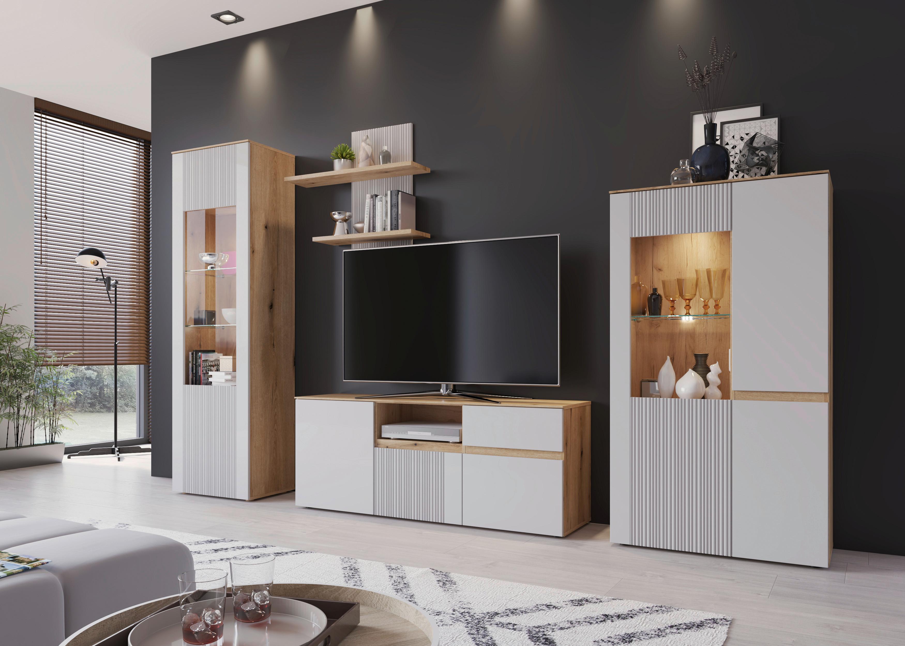 Wohnwand Manilla Hellgrau/eichefarben B: 294 Cm - Eichefarben/Hellgrau, MODERN, Holzwerkstoff (294/200,3/40cm)