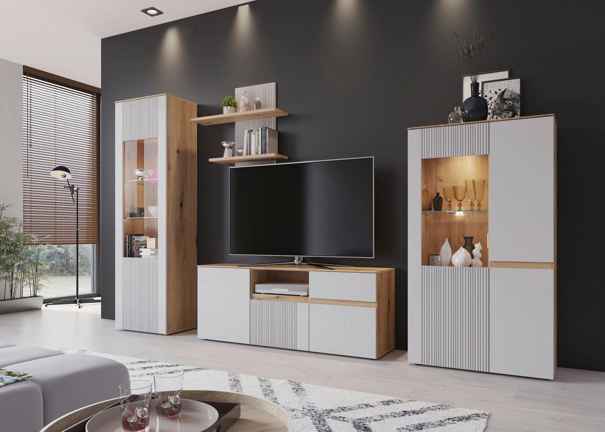 Wohnwand Manilla Hellgrau/Eichefarben B: 294 cm - Eichefarben/Hellgrau, MODERN, Holzwerkstoff (294/200,3/40cm)