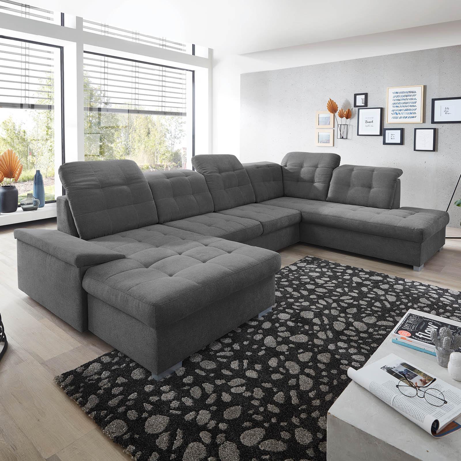 Wohnlandschaft Zira Mit Schlaffunktion Anthrazit - Chromfarben/Anthrazit, Design, Holz/Textil (169/330/212cm) - Livetastic