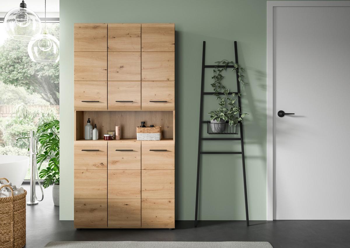 Hochschrank Ice Eiche Artisan Dekor B: 90cm - Schwarz/Eiche Artisan, Basics, Holzwerkstoff (90/185/30cm) - MID.YOU