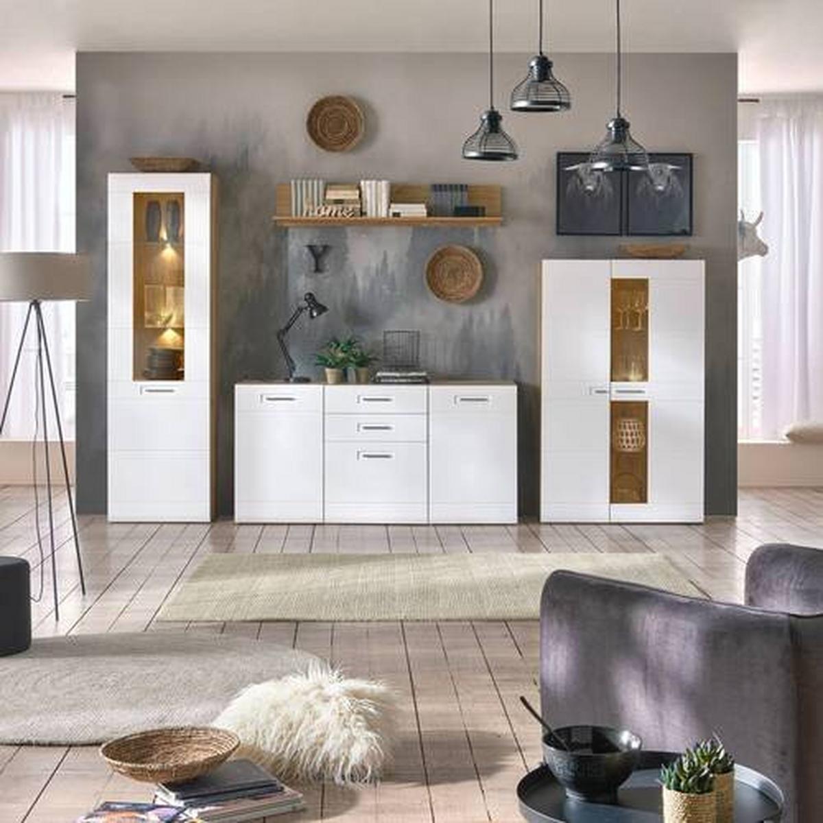 Wohnkombination 4-Tlg. Auris, Weiß/Eiche Dekor - Eichefarben/Weiß, MODERN, Glas/Holzwerkstoff (318,2/204,2/43,1cm) - Luca Bessoni