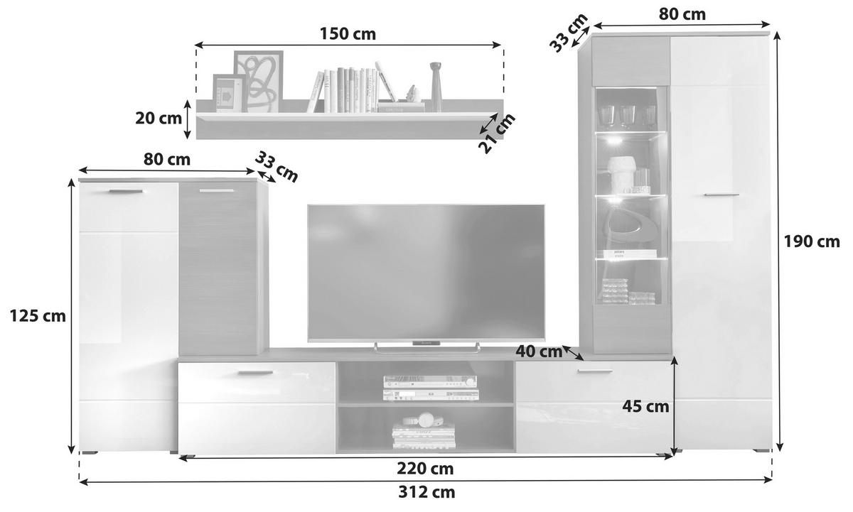 Wohnwand 4-tlg. Mit Led Melody, Weiß/anthrazit - Weiß Hochglanz/Anthrazit, KONVENTIONELL, Glas/Holzwerkstoff (312/190cm) - MID.YOU