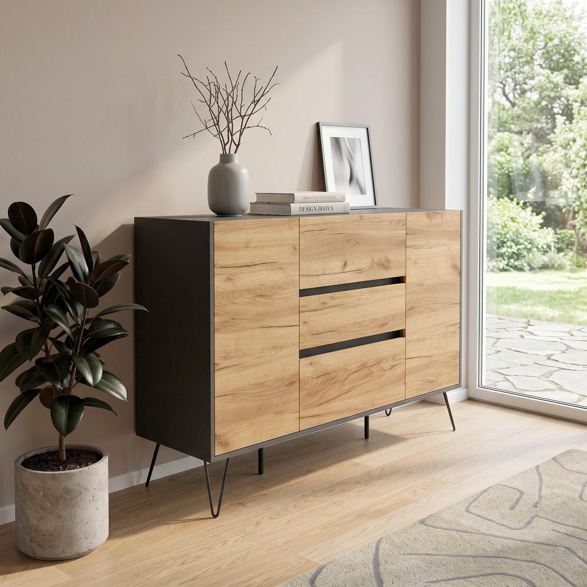 Sideboard Posseik Industrial Eichefarben/Graphitfarben B:140 cm - Eichefarben/Graphitfarben, Design, Holzwerkstoff (140/93,6/42cm) - MID.YOU