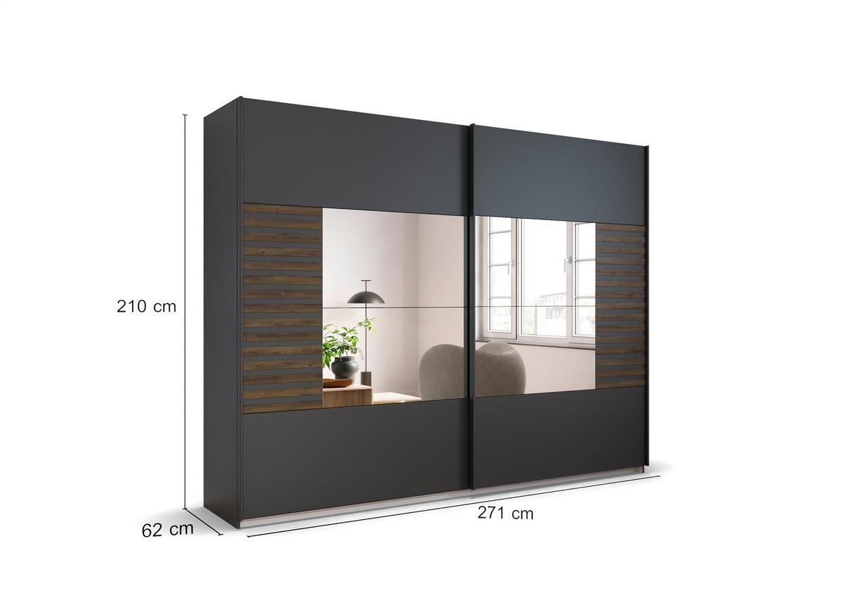 Schwebetürenschrank Barea Dunkelgrau Eiche Dekor - Eiche dunkel/Dunkelgrau, MODERN, Holzwerkstoff (271/210/62cm) - Rauch Möbel