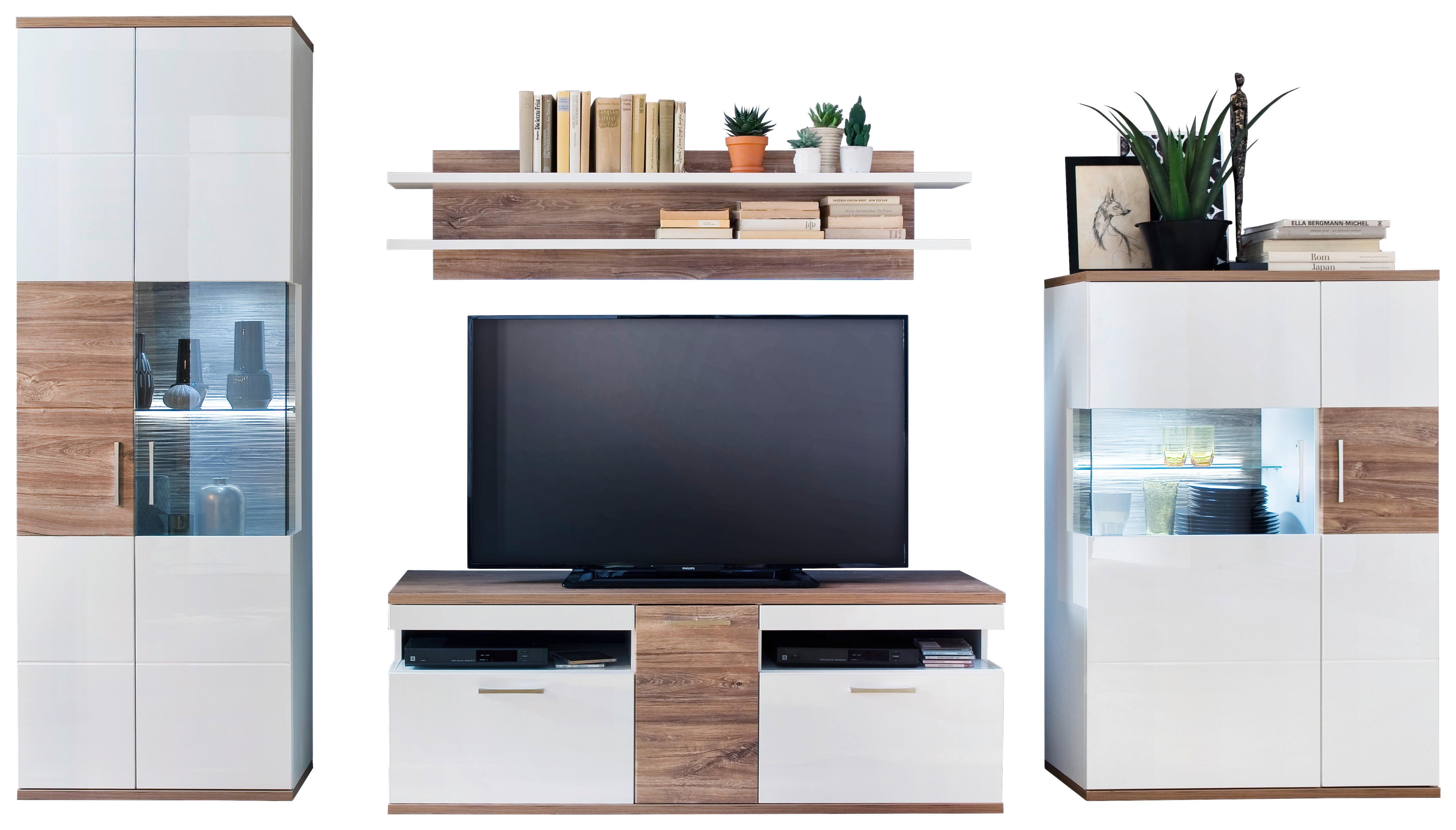 Wohnkombination 4-Tlg. Luzern Weiß/Eichefarben - Eichefarben/Weiß, Design, Glas/Holzwerkstoff (330/199/50cm) - Livetastic