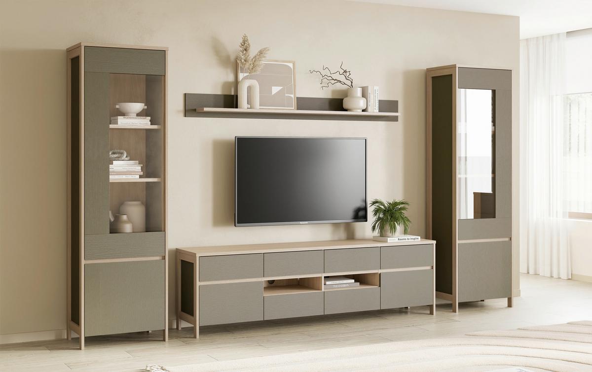 Wohnwand Stranda Eukalyptusfarben B: 339cm - Eichefarben/Eukalyptusholzfarben, Design, Holzwerkstoff (339/195/39cm) - MID.YOU