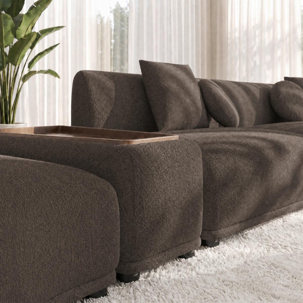 Rohová sedačka KIRA, hnědá žinylka, so stolíkem - černá/hnědá, Moderní, dřevo/textil (408/108cm) - Bessagi Home