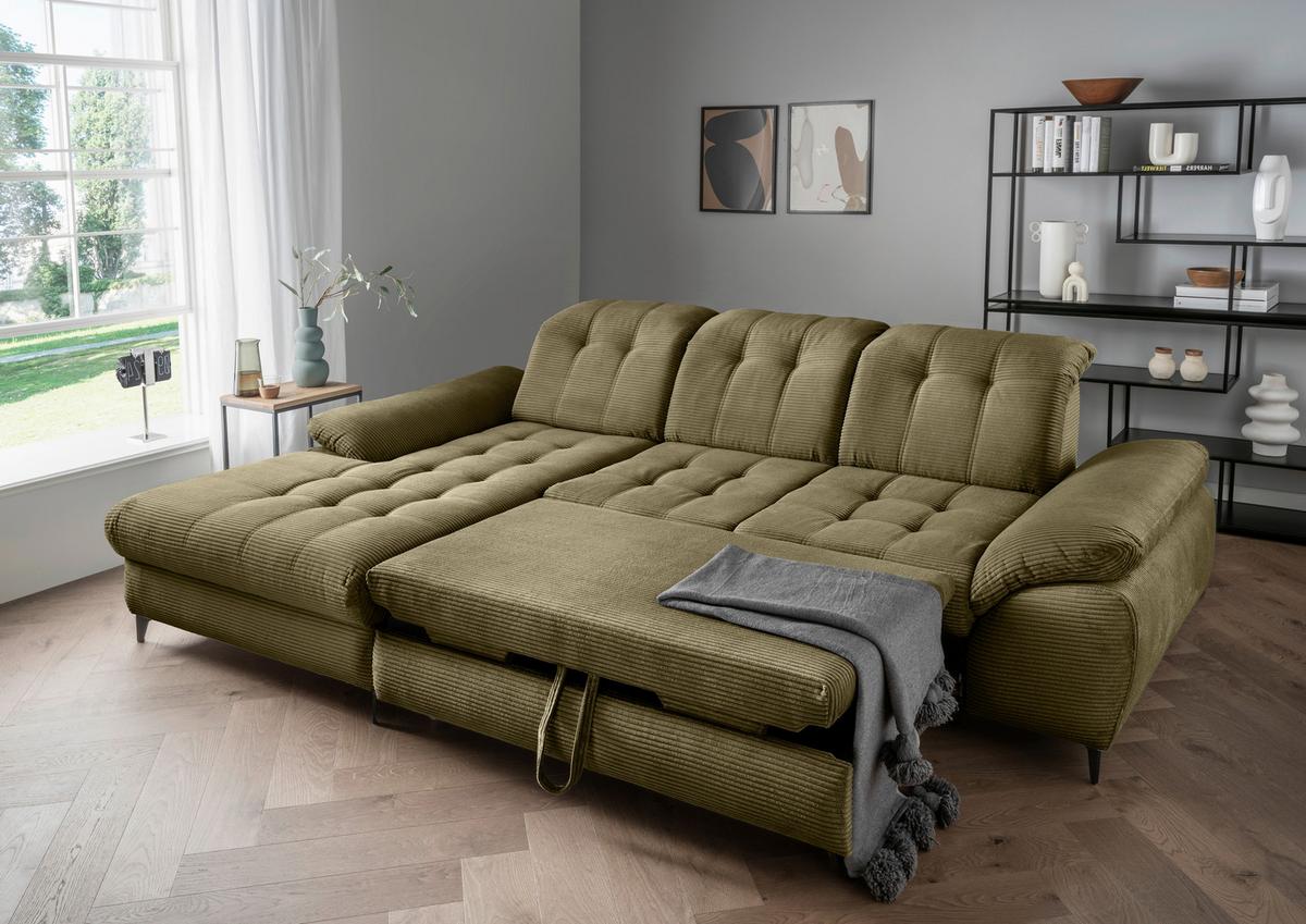 Eckschlafsofa Delphino Goldfarben S: 189x273 cm - Schwarz/Olivgrün, MODERN, Textil (189/273cm) - Livetastic