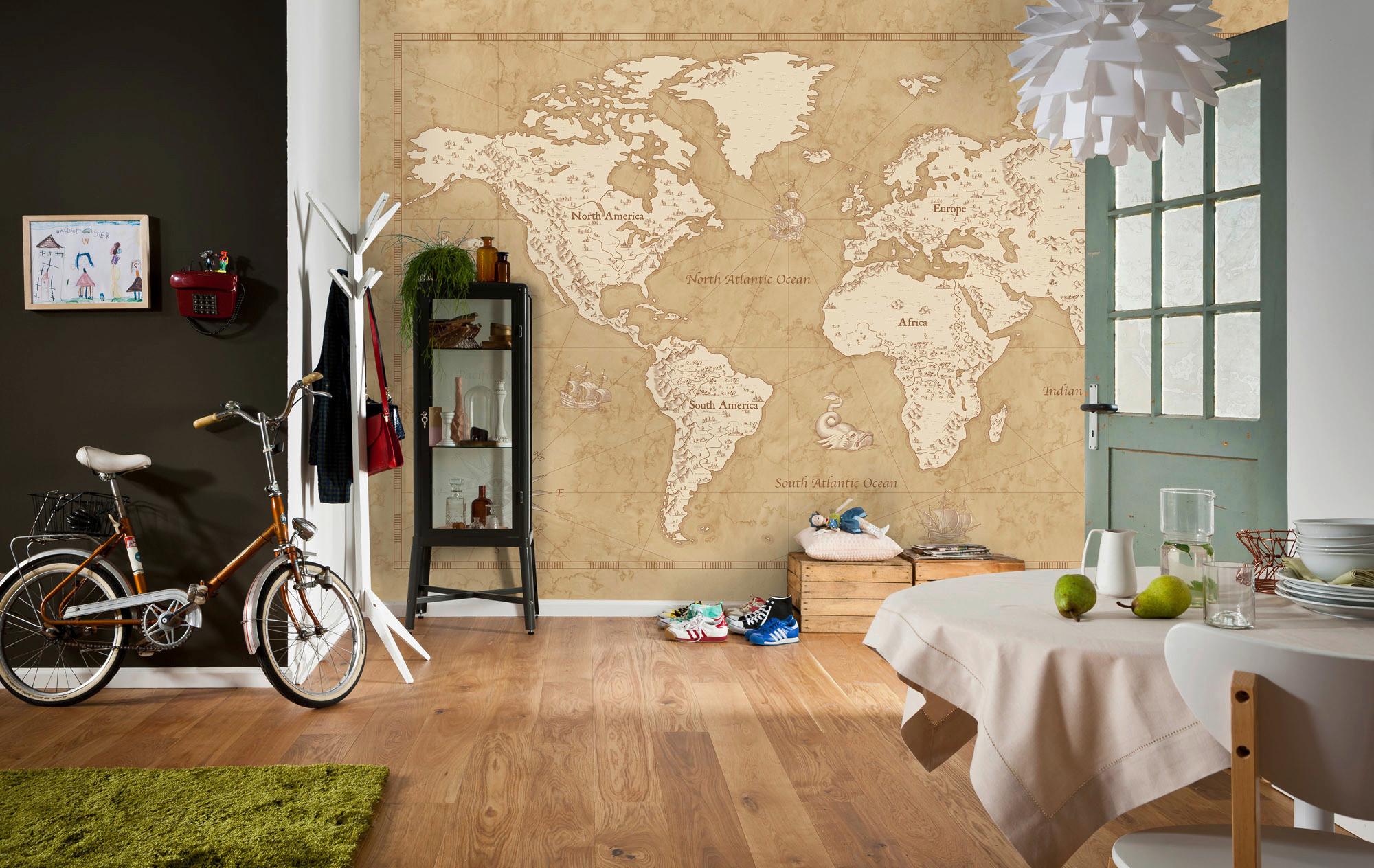 Fototapete Vintage World Map - Braun/Weiß, Trend, Papier (500/280cm)