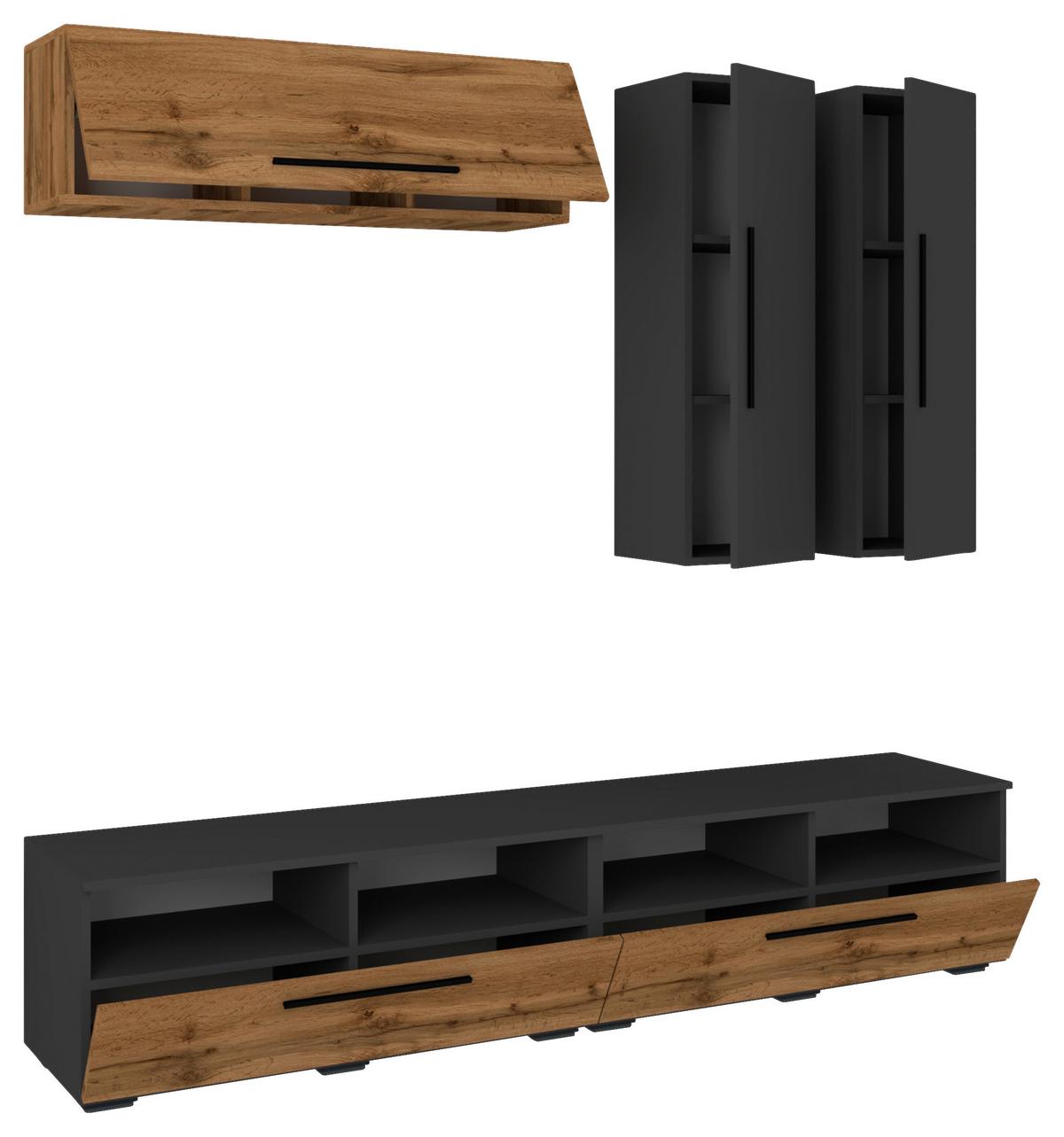 Obývacia stena Arila, 5- dielna, š: 190cm - čierna/farba duba, Modern, kompozitné drevo/plast (190/200/40cm) - MID.YOU