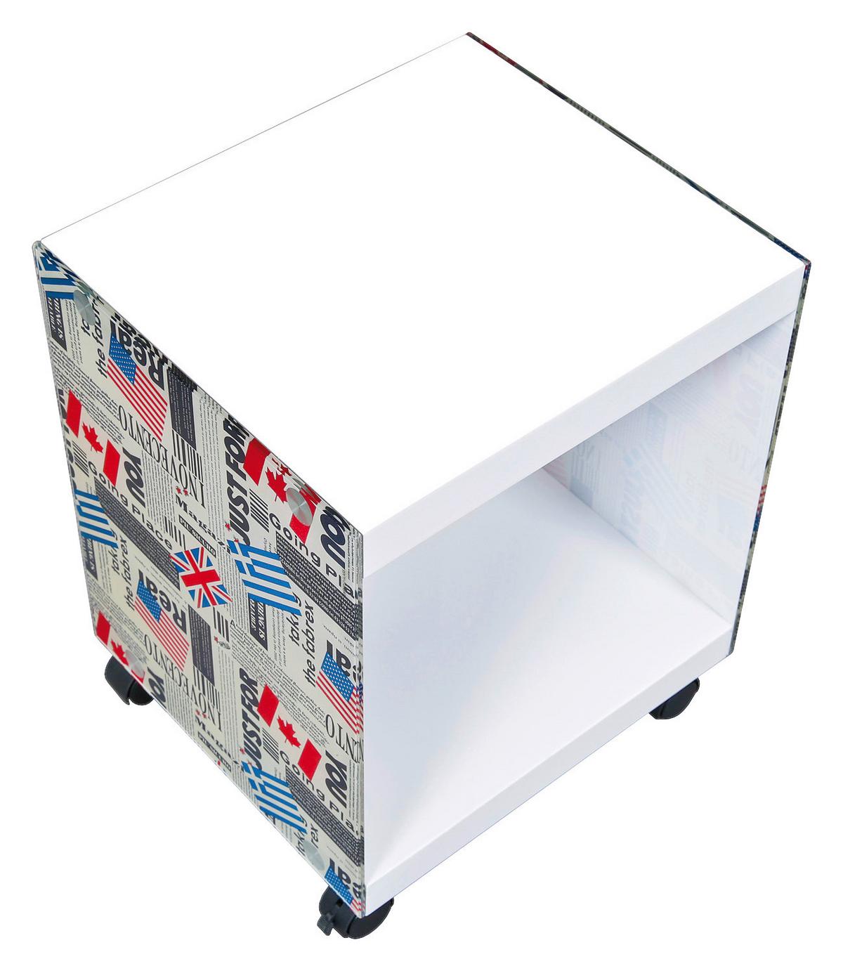 Couchtisch mit Ablagefach + Rollen Flagcube, Weiß/Mix - Blau/Rot, Basics, Glas/Holzwerkstoff (38/33,50/46cm) - MID.YOU