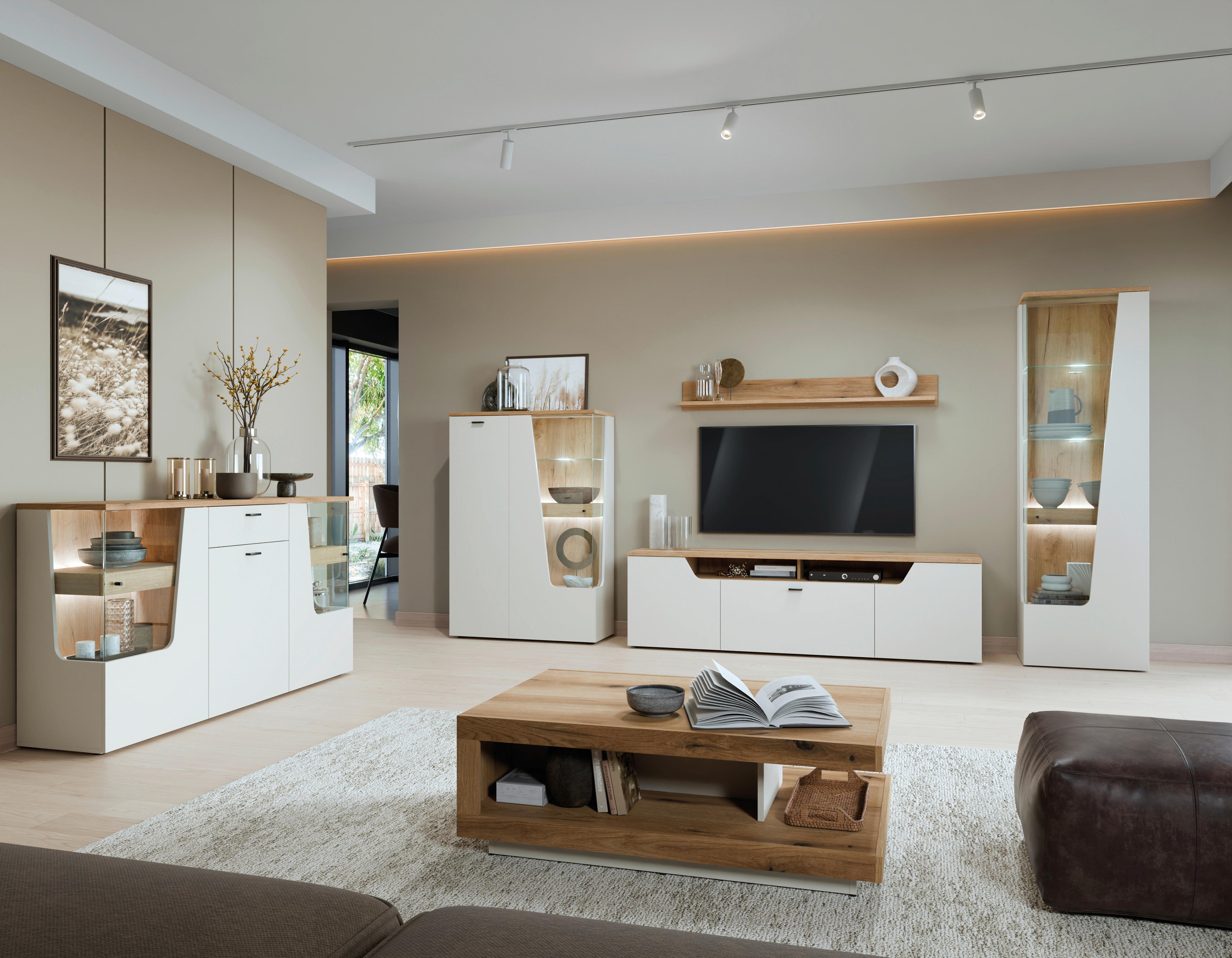 Sideboard Cut Out, B: 165cm Kaschmir/Eichefarben - Kaschmir/Eichefarben, MODERN, Glas/Holzwerkstoff (190/90/40cm) - Premium Living