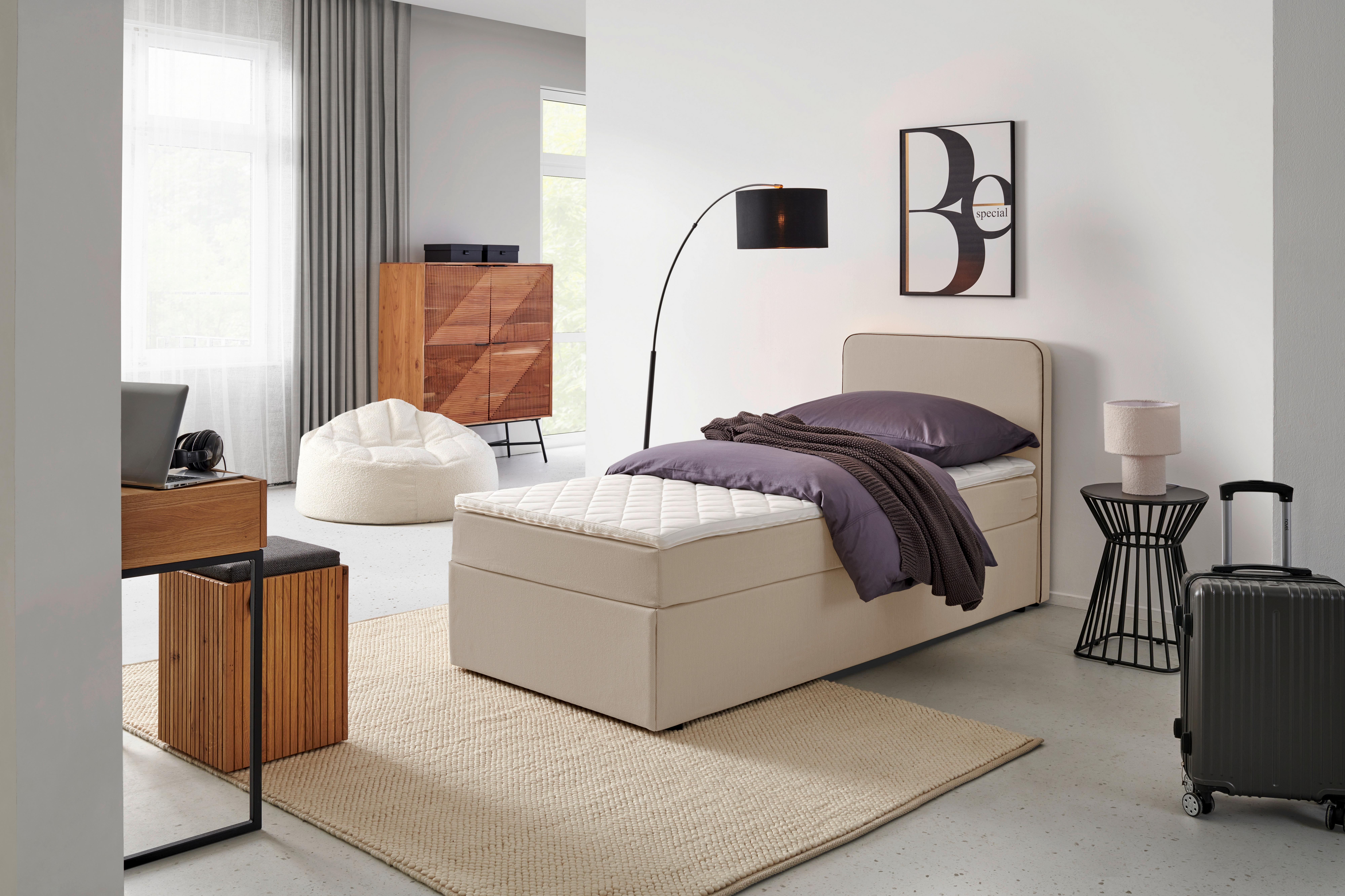Boxspringbett mit Topper 90x200 cm Anton, Beige - Beige, KONVENTIONELL, Holz/Textil (90/200cm) - P & B