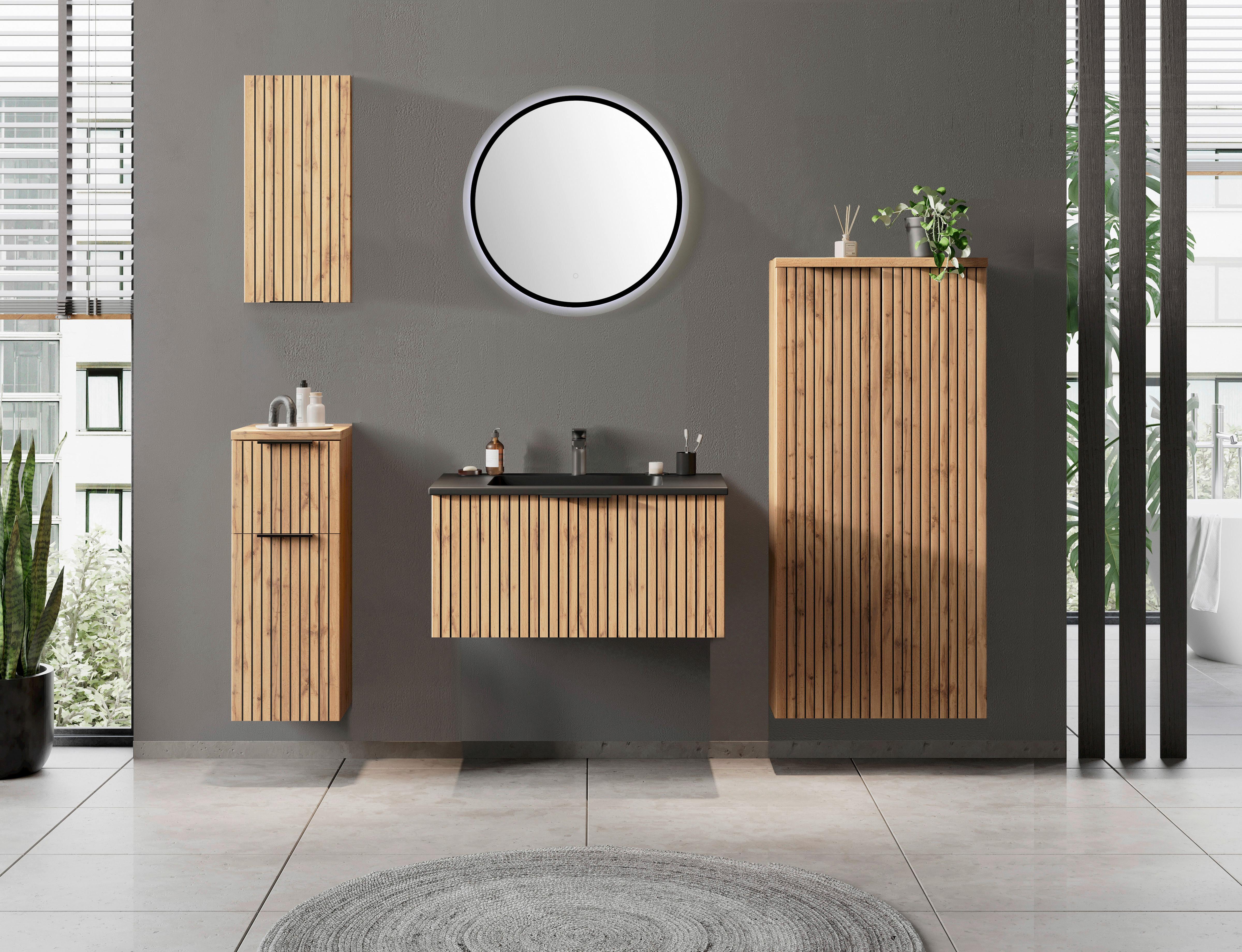 Midischrank Bad Chester B: 60cm Eiche Wotan Dekor/Schwarz - Eiche Wotan/Schwarz, MODERN, Holzwerkstoff (60/130/35cm) - Held
