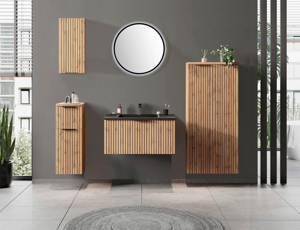 Midischrank Bad Chester B: 60cm Eiche Wotan Dekor/Schwarz - Eiche Wotan/Schwarz, MODERN, Holzwerkstoff (60/130/35cm) - Held