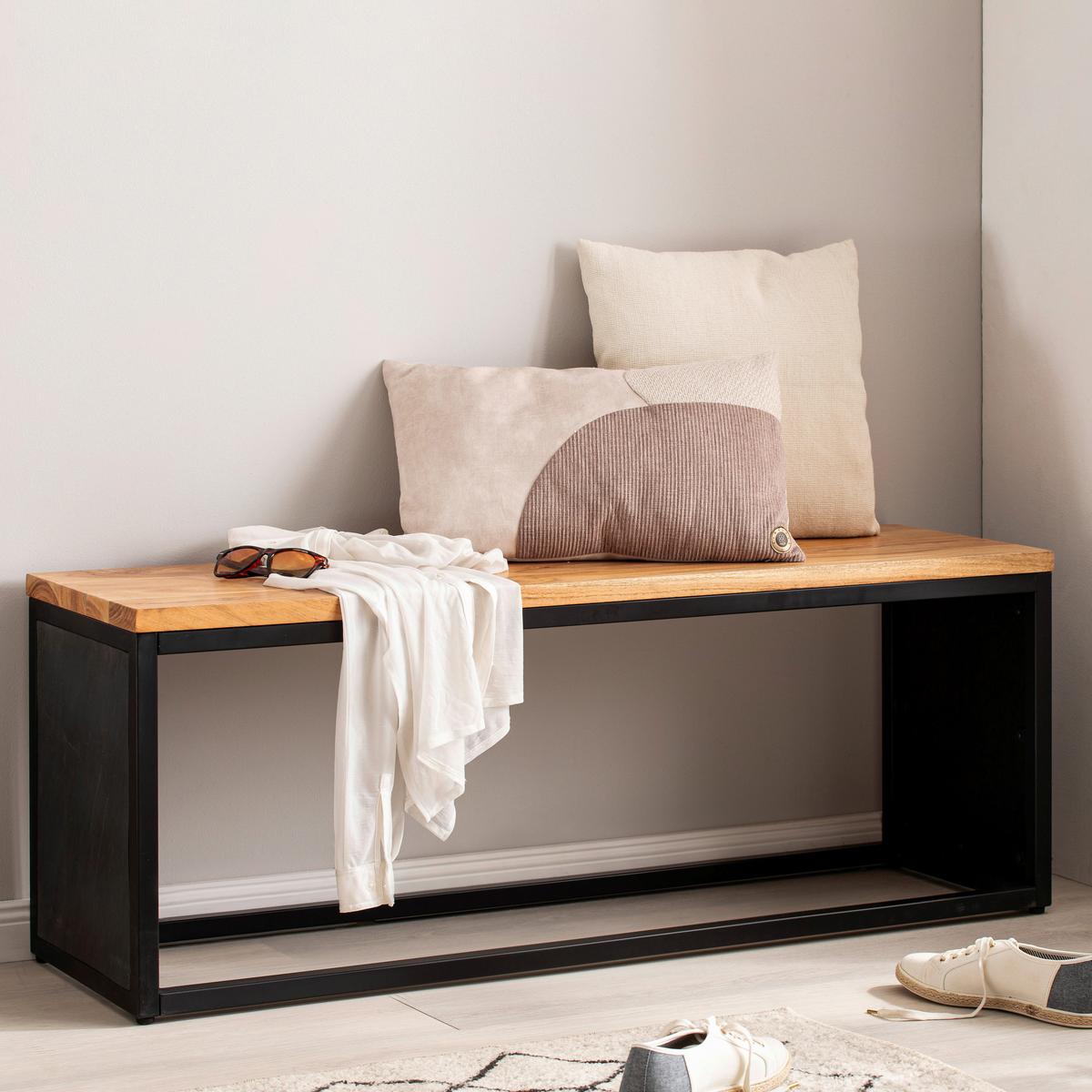 Lavica kov/masiv - černá/barvy akácie, Lifestyle, kov/dřevo (120/45/35cm) - MID.YOU