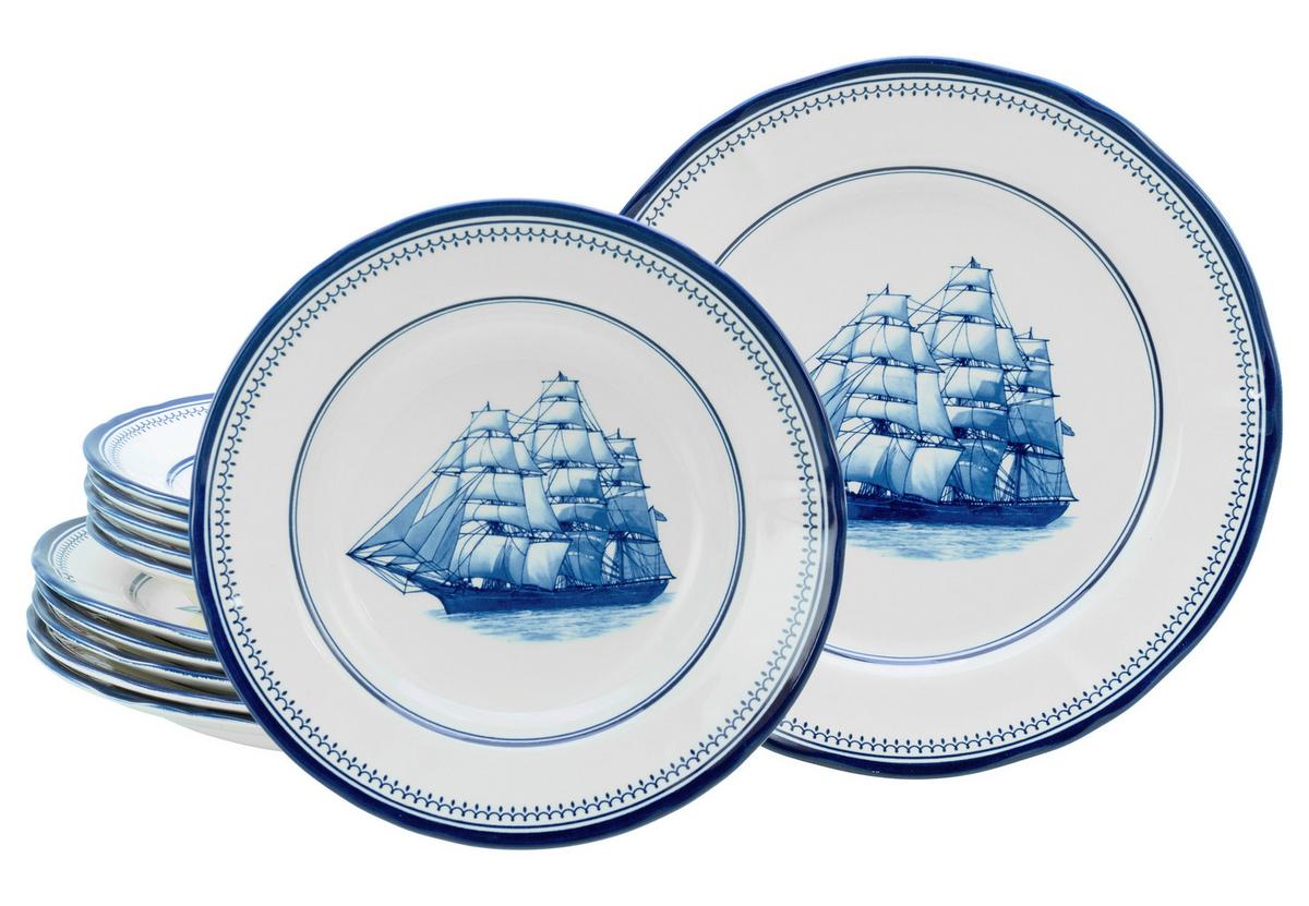 Tafelservice Blau/Weiß Steingut, 6 Pers., 12-teilig - Blau/Weiß, Basics, Keramik - Creatable