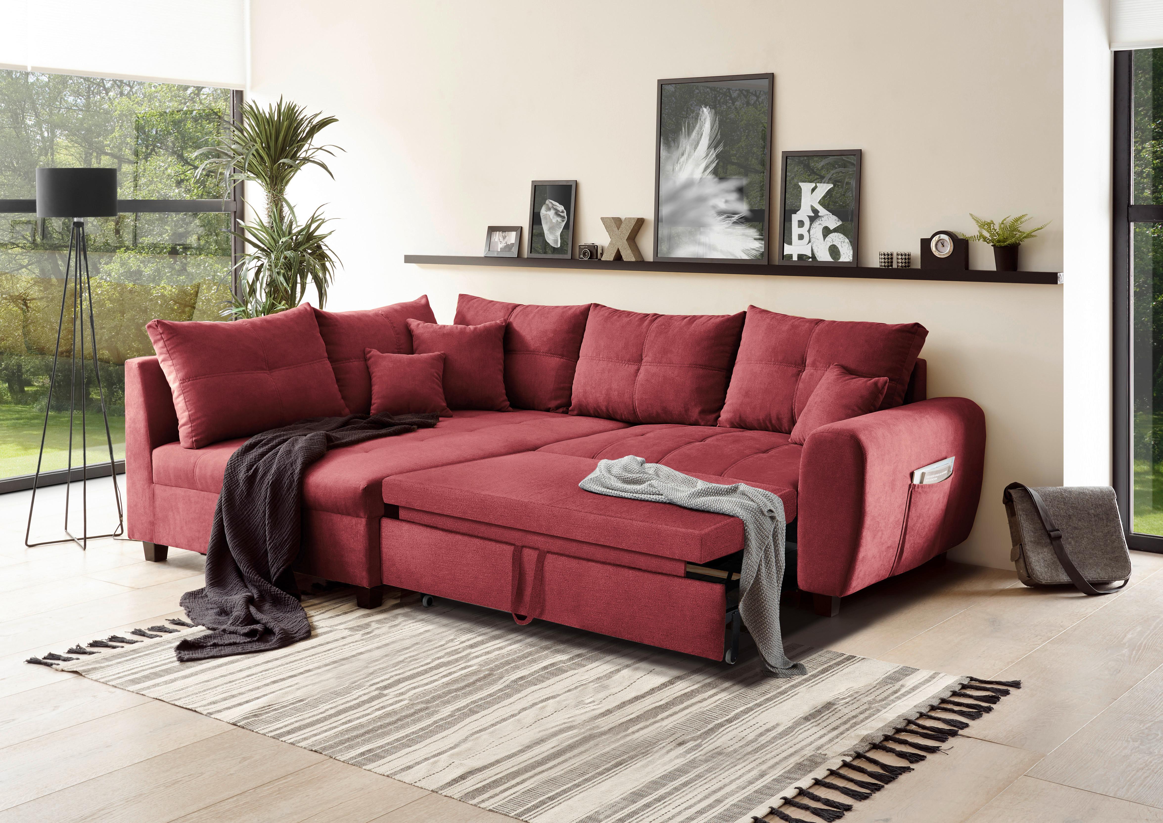 Ecksofa Mit Schlaffunktion + Kissen Lea, Polyester-Nylon - Beere/Schwarz, Basics, Holzwerkstoff/Textil (176/248cm) - MID.YOU