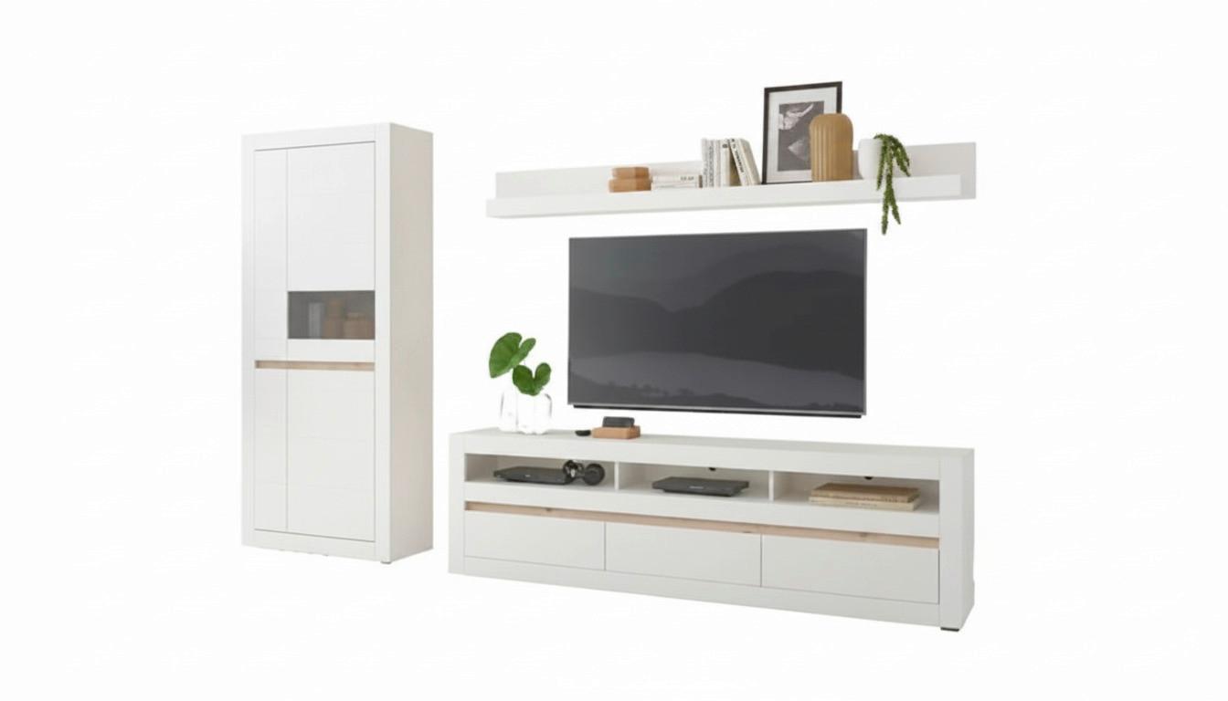Wohnwand Chester Weiß/Eichefarben B: 312cm - Eichefarben/Silberfarben, Design, Glas/Holzwerkstoff (312/198/42cm) - MID.YOU
