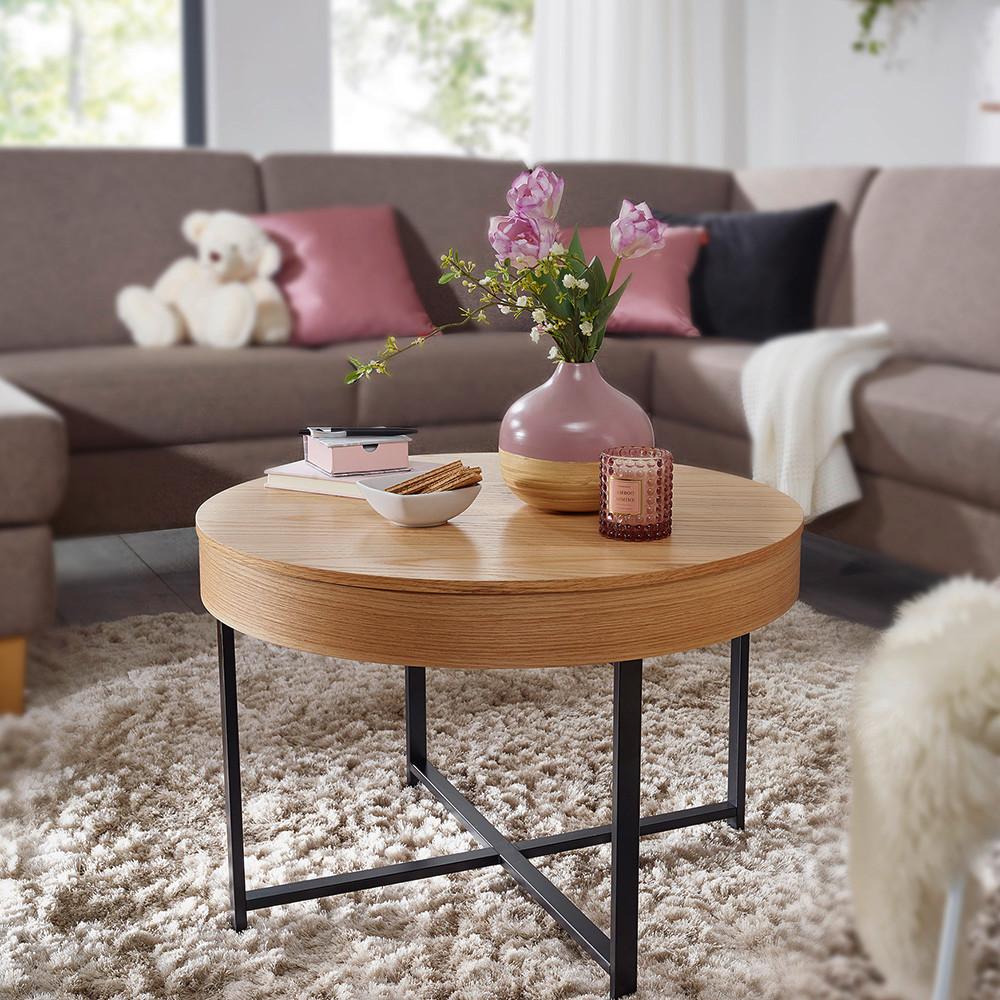 Couchtisch Rund Mit Stauraum, Eichefarben/schwarz - Eichefarben/Schwarz, Design, Holz/Holzwerkstoff (69/69/49cm) - MID.YOU