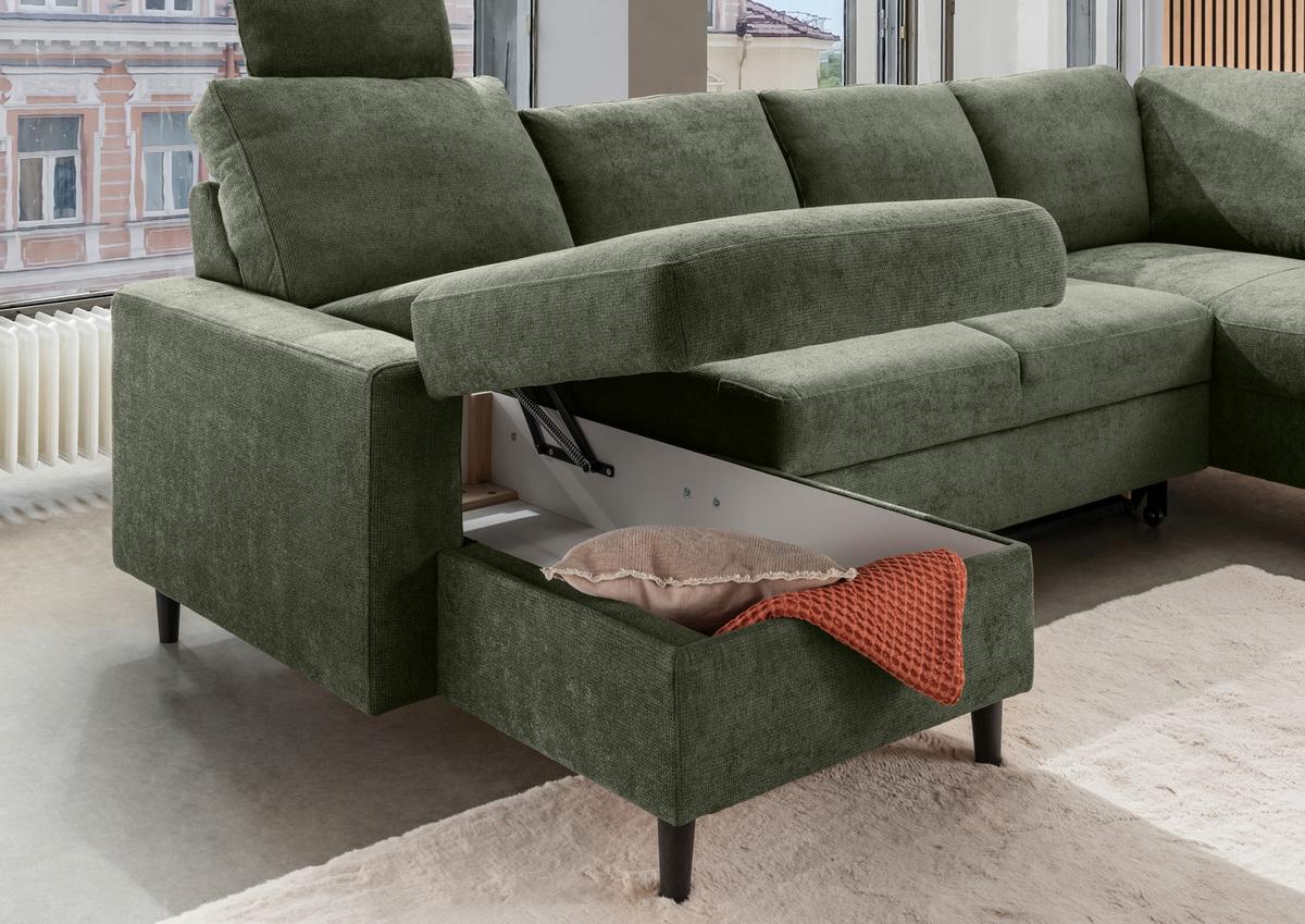 Wohnlandschaft Passione Dunkelgrün U: 153x305x200 cm - Dunkelgrün/Schwarz, MODERN, Textil (153/305/200cm) - Livetastic