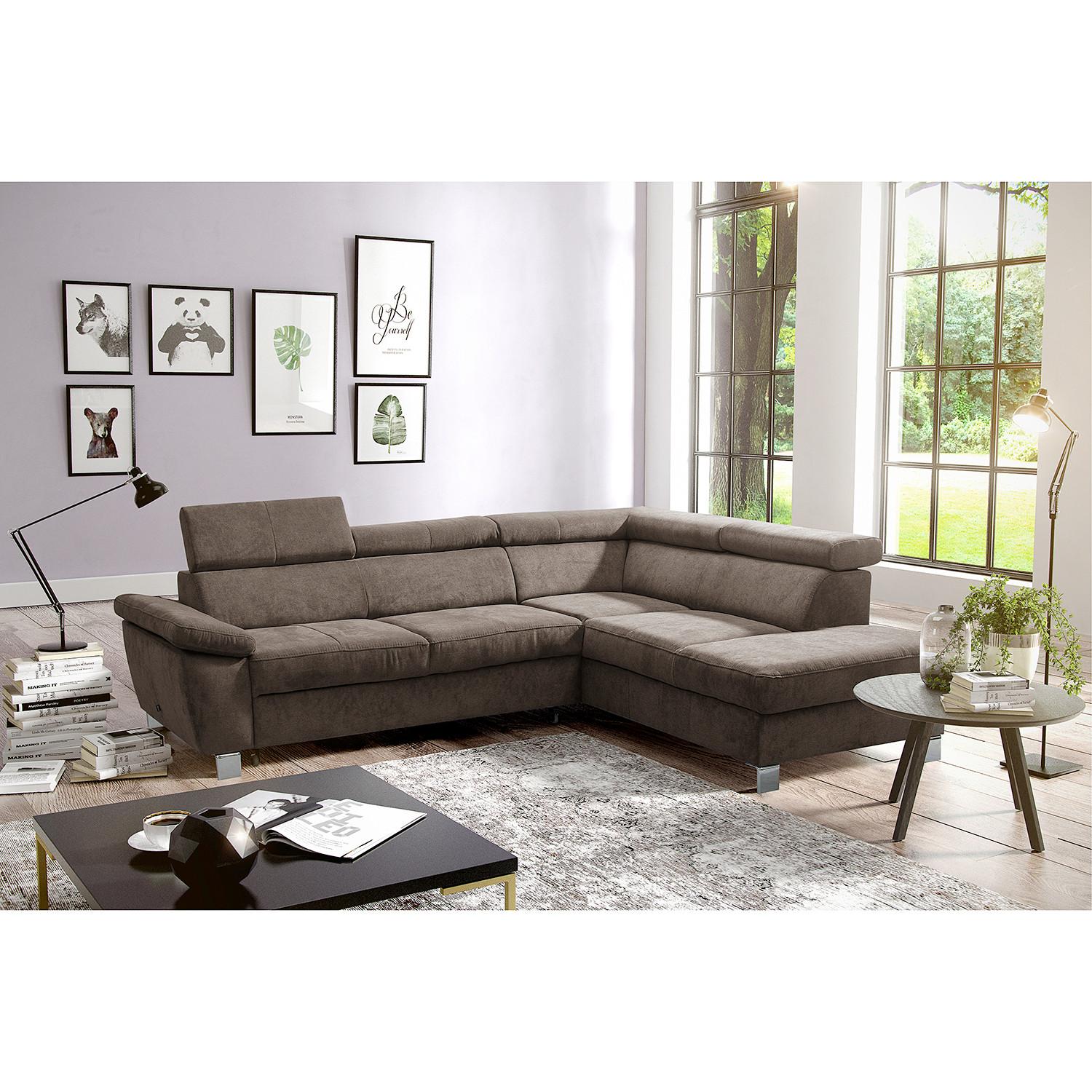 Ecksofa Lugano Mikrofaser Dunkelbraun 248x208 - Chromfarben/Dunkelbraun, Design, Textil (248/208cm) - Livetastic